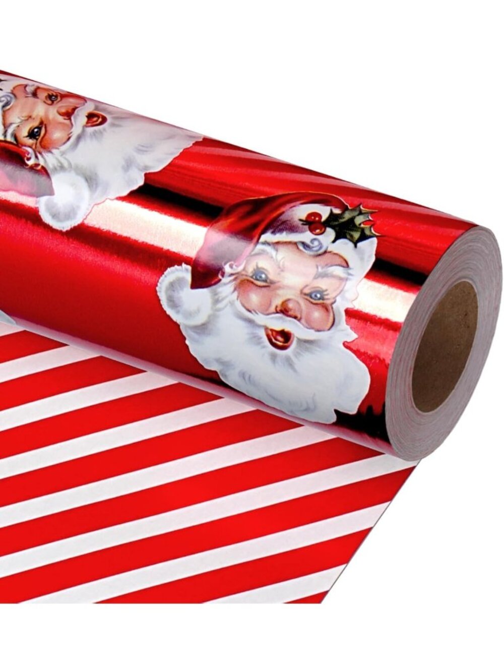 Vintage Santa Foil Christmas Wrapping Paper - Candy Cane Stripe Gift Wrap